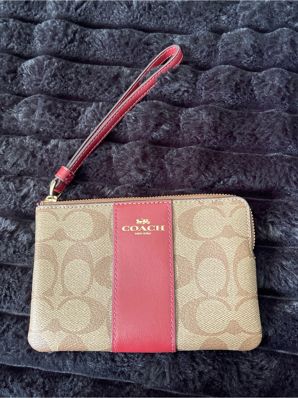 Coach Tan Signature Canvas Wristlet with Burgundy Interior and Red Strap